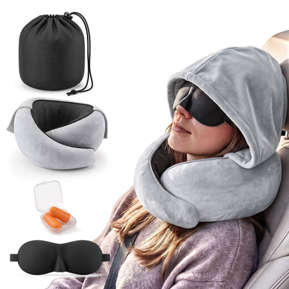 Alona.com.au Home & Garden > Bedding > Pillows Wanderlite Hooded Travel Neck Pillow for Airplane Memory Foam with Eye Mask Earplugs, Light Grey