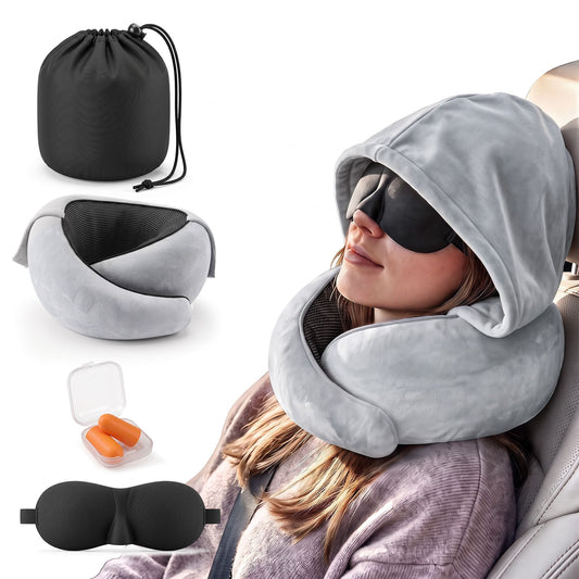 Alona.com.au Home & Garden > Bedding > Pillows Wanderlite Hooded Travel Neck Pillow for Airplane Memory Foam with Eye Mask Earplugs, Light Grey