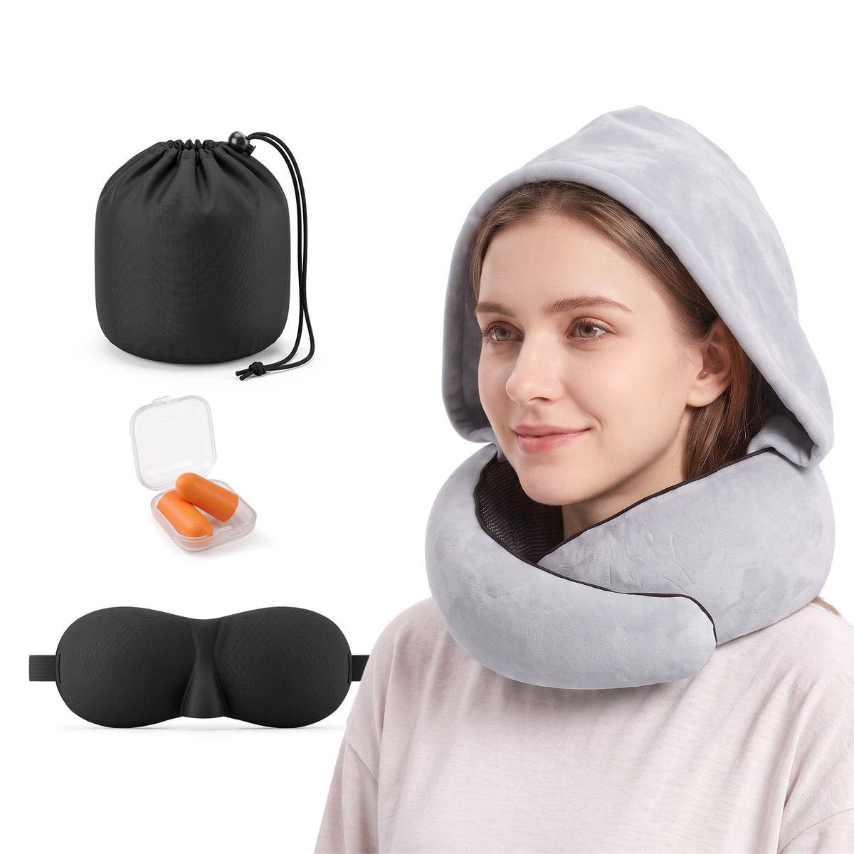 Alona.com.au Home & Garden > Bedding > Pillows Wanderlite Hooded Travel Neck Pillow for Airplane Memory Foam with Eye Mask Earplugs, Light Grey