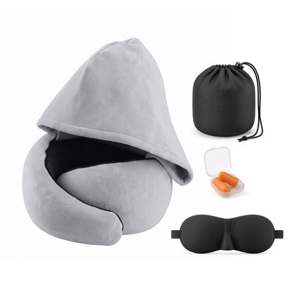 Alona.com.au Home & Garden > Bedding > Pillows Wanderlite Hooded Travel Neck Pillow for Airplane Memory Foam with Eye Mask Earplugs, Light Grey