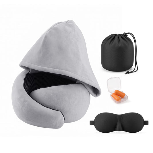 Alona.com.au Home & Garden > Bedding > Pillows Wanderlite Hooded Travel Neck Pillow for Airplane Memory Foam with Eye Mask Earplugs, Light Grey