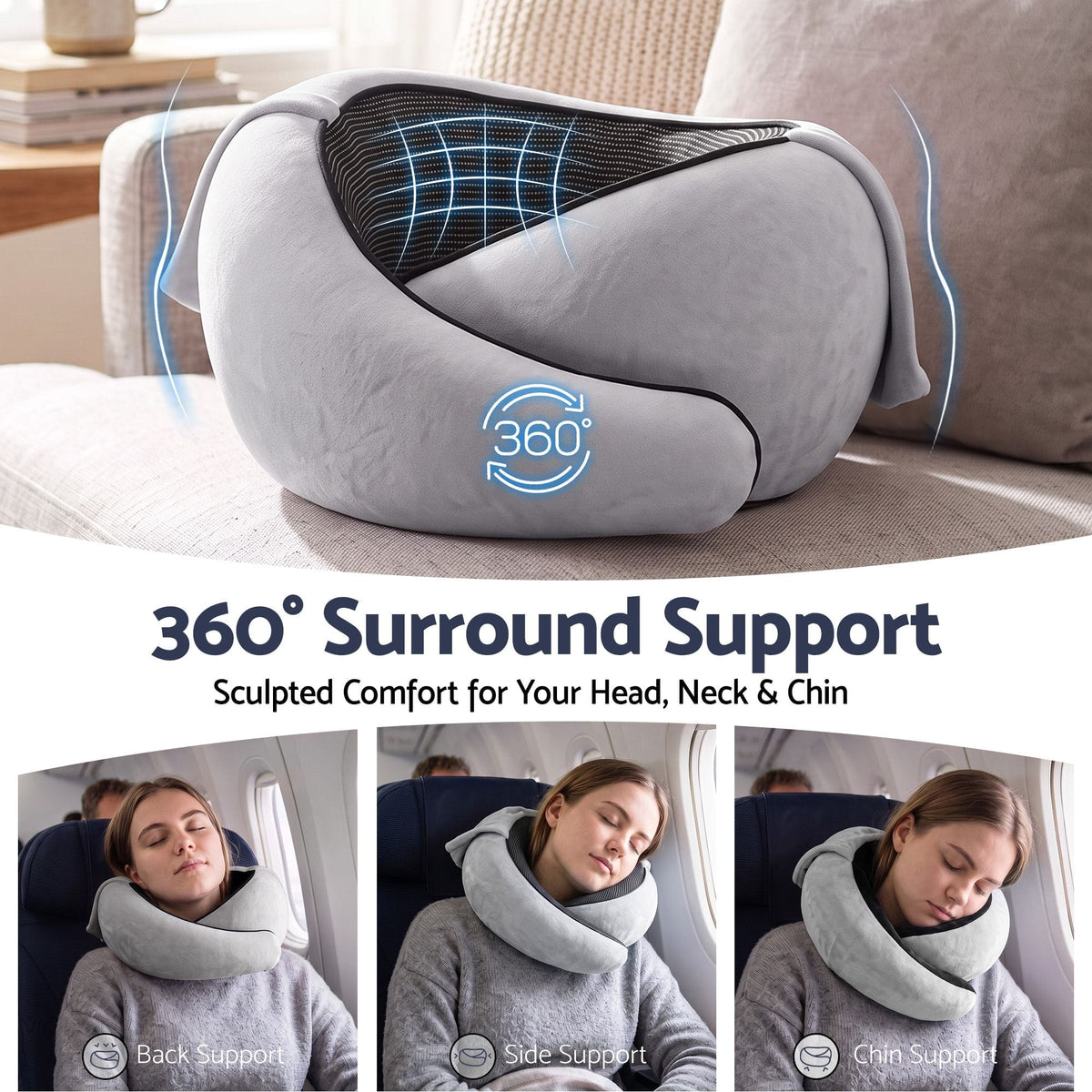 Alona.com.au Home & Garden > Bedding > Pillows Wanderlite Hooded Travel Neck Pillow for Airplane Memory Foam with Eye Mask Earplugs, Light Grey