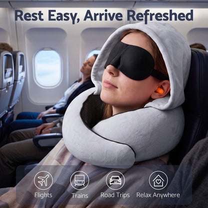 Alona.com.au Home & Garden > Bedding > Pillows Wanderlite Hooded Travel Neck Pillow for Airplane Memory Foam with Eye Mask Earplugs, Light Grey