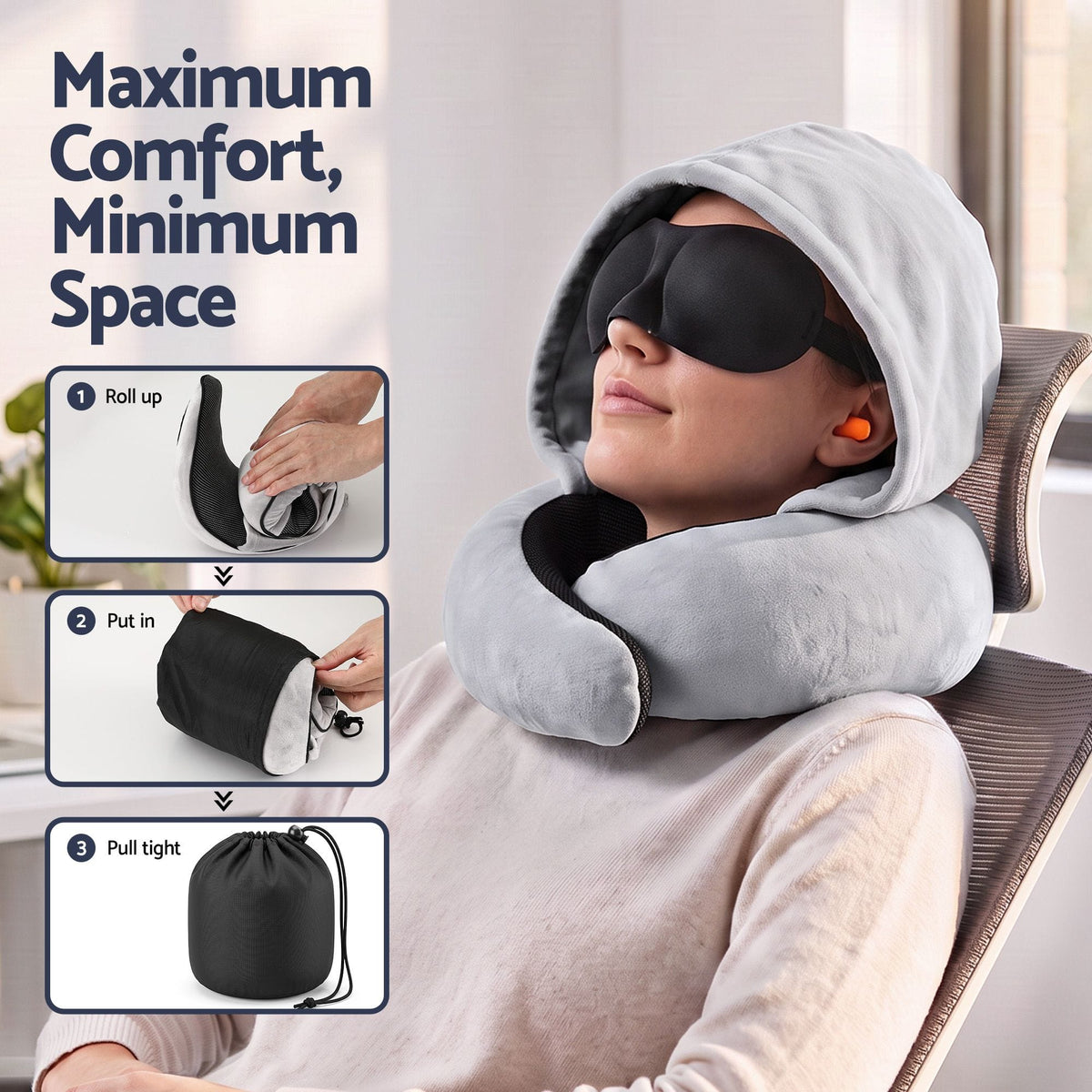 Alona.com.au Home & Garden > Bedding > Pillows Wanderlite Hooded Travel Neck Pillow for Airplane Memory Foam with Eye Mask Earplugs, Light Grey