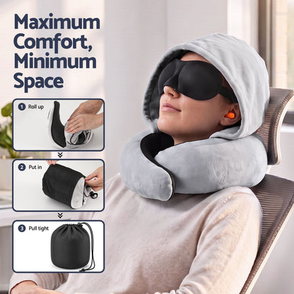 Alona.com.au Home & Garden > Bedding > Pillows Wanderlite Hooded Travel Neck Pillow for Airplane Memory Foam with Eye Mask Earplugs, Light Grey