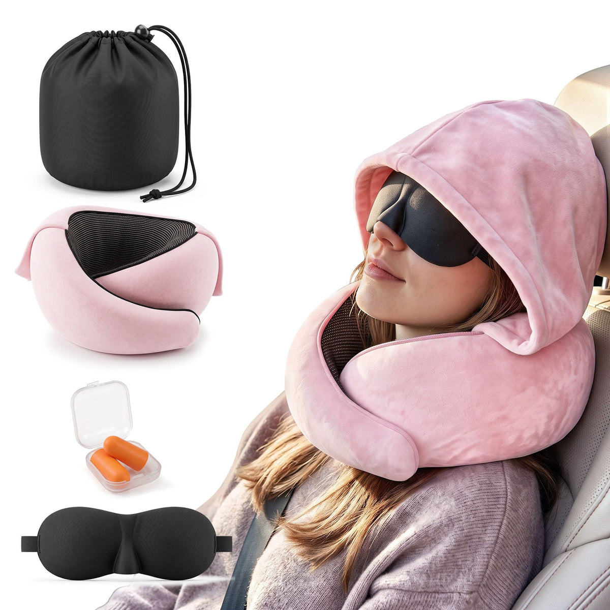 Alona.com.au Home & Garden > Bedding > Pillows Wanderlite Hooded Travel Neck Pillow for Airplane Memory Foam with Eye Mask Earplugs, Pink