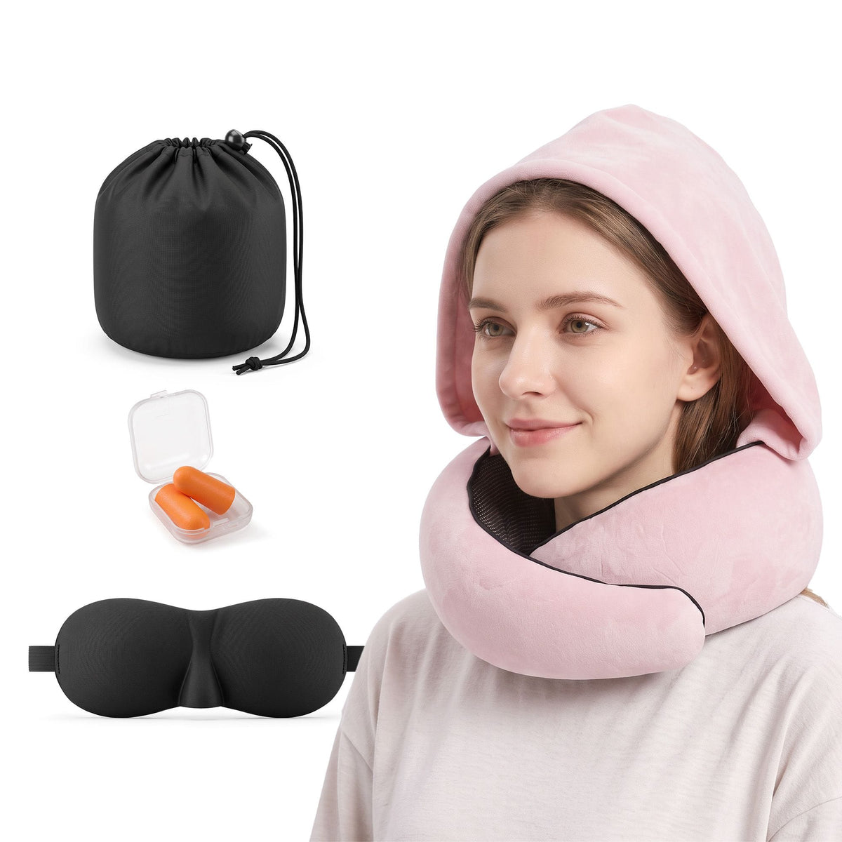 Alona.com.au Home & Garden > Bedding > Pillows Wanderlite Hooded Travel Neck Pillow for Airplane Memory Foam with Eye Mask Earplugs, Pink