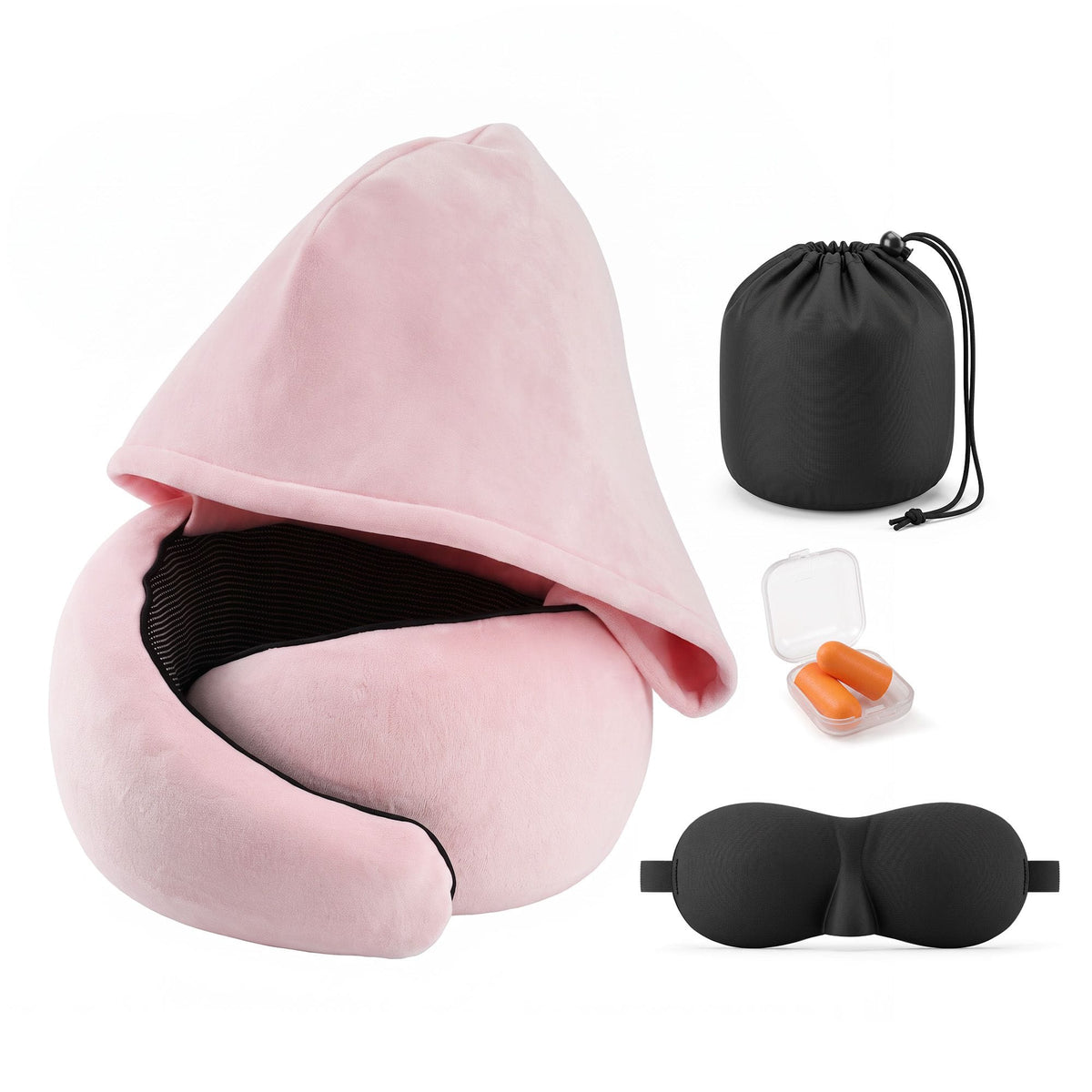 Alona.com.au Home & Garden > Bedding > Pillows Wanderlite Hooded Travel Neck Pillow for Airplane Memory Foam with Eye Mask Earplugs, Pink
