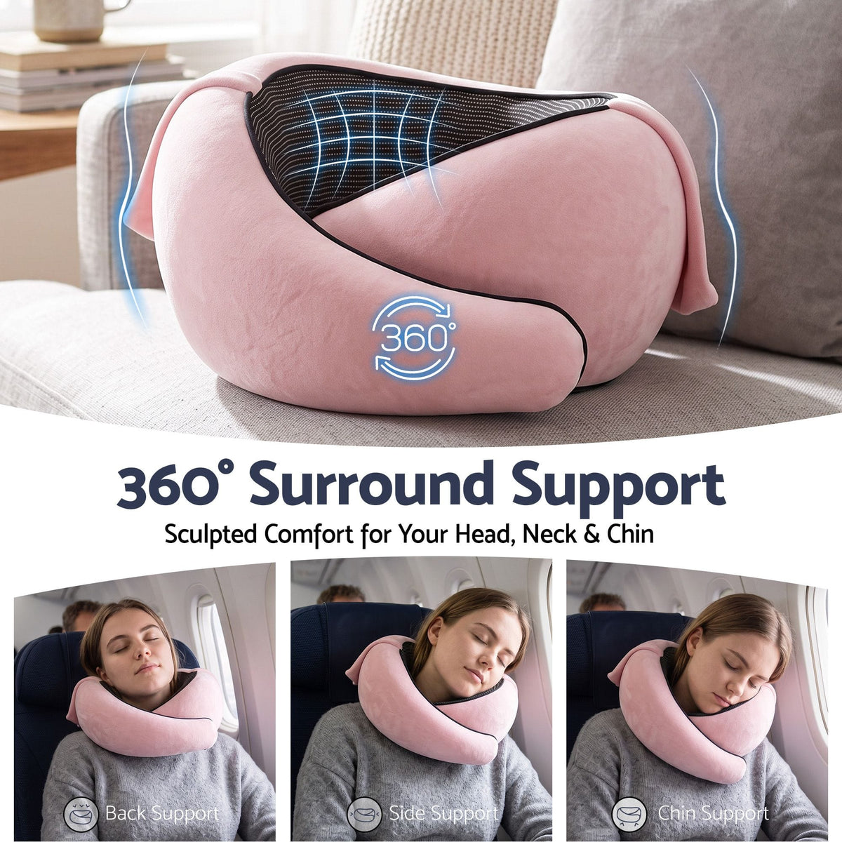 Alona.com.au Home & Garden > Bedding > Pillows Wanderlite Hooded Travel Neck Pillow for Airplane Memory Foam with Eye Mask Earplugs, Pink