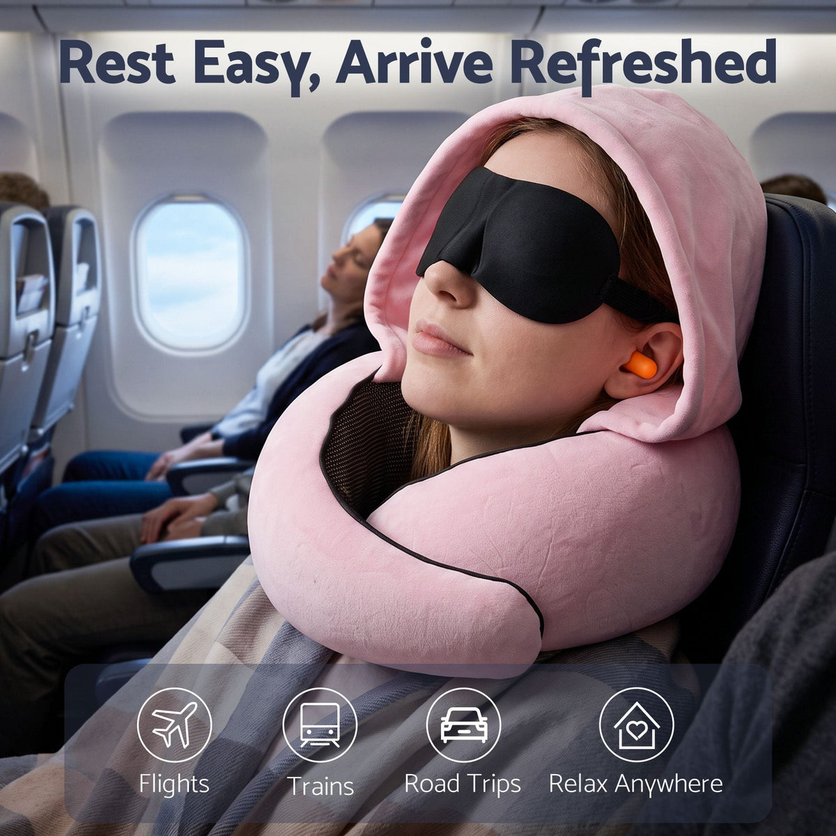 Alona.com.au Home & Garden > Bedding > Pillows Wanderlite Hooded Travel Neck Pillow for Airplane Memory Foam with Eye Mask Earplugs, Pink