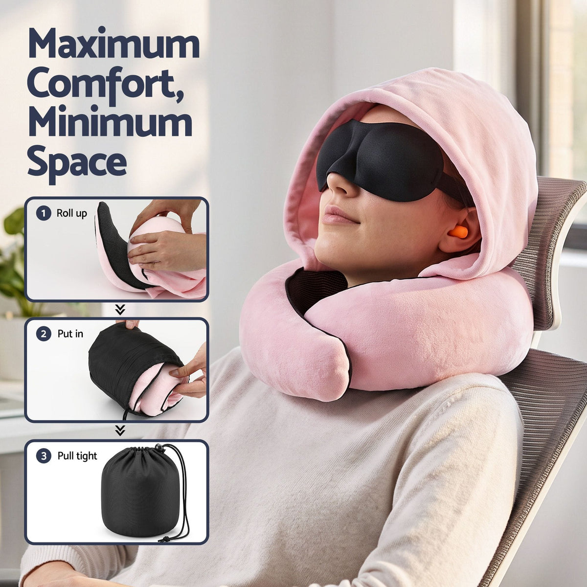 Alona.com.au Home & Garden > Bedding > Pillows Wanderlite Hooded Travel Neck Pillow for Airplane Memory Foam with Eye Mask Earplugs, Pink