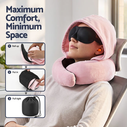 Alona.com.au Home & Garden > Bedding > Pillows Wanderlite Hooded Travel Neck Pillow for Airplane Memory Foam with Eye Mask Earplugs, Pink