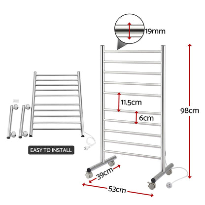 Devanti 10-Bar Freestanding Heated Towel Rail 3-5 Mins Fast Heating Electric Towel Warmer for Bathroom Winter Drying Stainless Steel Plug In 100W