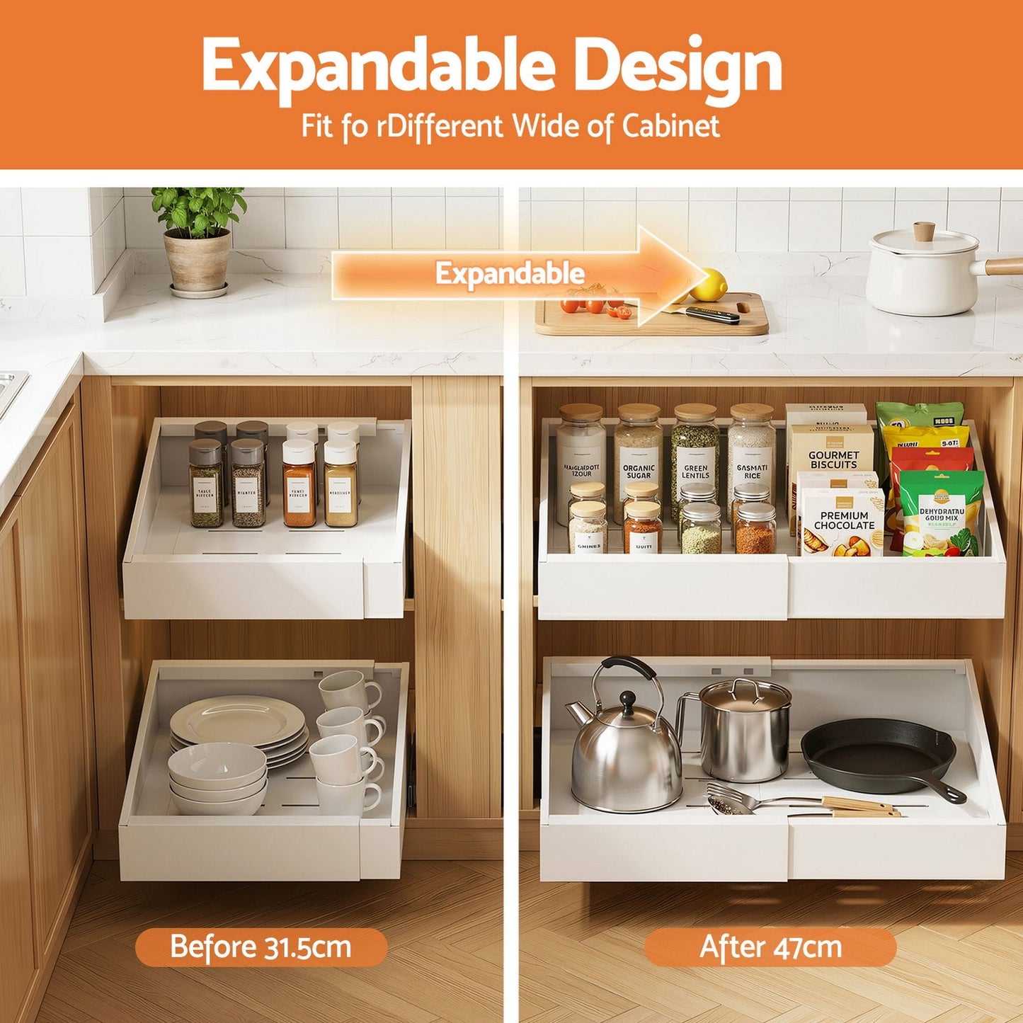 Artiss 2 Pack Pull Out Drawers for Cabinets Expandable Cabinet Organizer White