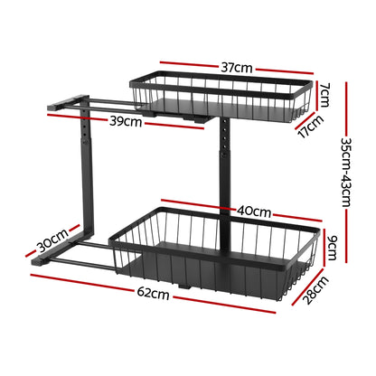 Artiss Under Sink Organizer Storage with 2 Slide Out Drawers 5 Adjustable Height Bathroom Kitchen Cabinet Black