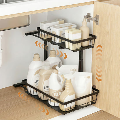 Artiss Under Sink Organizer Storage with 2 Slide Out Drawers 5 Adjustable Height Bathroom Kitchen Cabinet Black