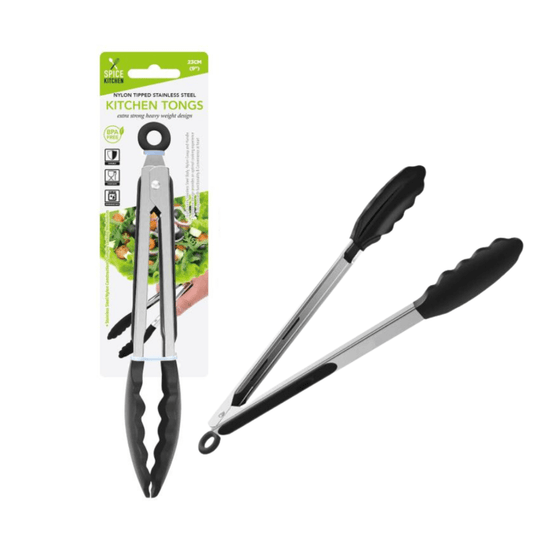 Nylon Tipped Stainless Steel Tongs 23CM Kitchen Clip Food Cooking Serving BBQ