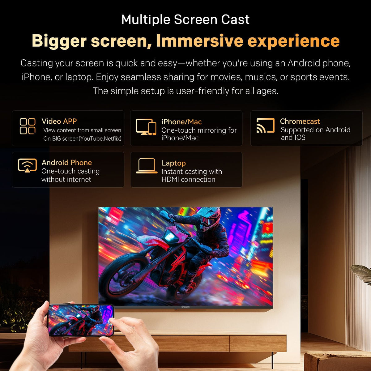 Alona.com.au Appliances > TV > TVs & Accessories SKYWORTH 43" E5500H EyeCare Smart Google TV, 1080P FHD, HDR10 HLG, Find-My Remote, AI Picture Processing, Dolby Audio, Screen Casting, Bezel Less Design, Voice Control