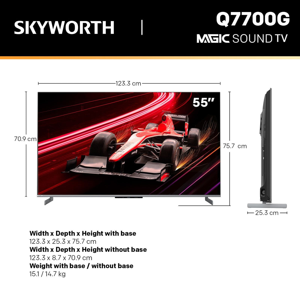 Alona.com.au Appliances > TV > TVs & Accessories SKYWORTH 55" MagicSound Google TV, 144Hz UHD QLED+, 2.1.2 Sound, Built-in Subwoofer, Dolby Vision+Atmos, Eyecare TV, Find-my remote, Q7700G