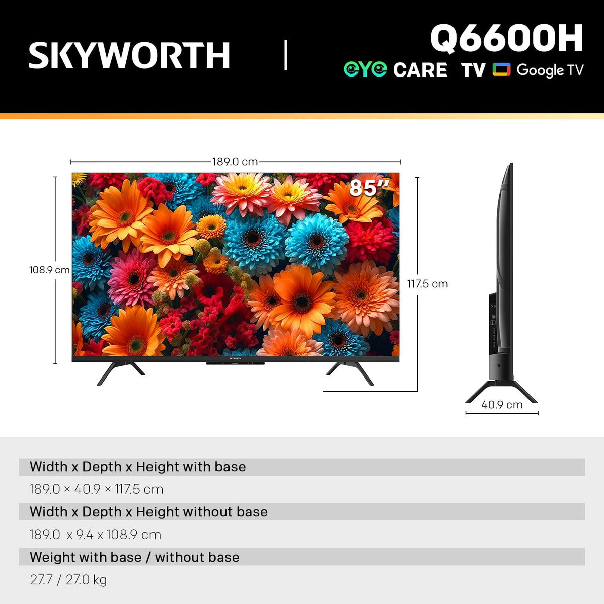 Alona.com.au Appliances > TV > TVs & Accessories SKYWORTH Q6600H 85" - QLED+ 4K Smart Google TV, Gen 5 Quantum Dot, 120Hz Refresh Rate, AI-Powered Picture, Dolby Audio DBX-tv Audio, Voice Control, Screen Casting, HDR, Eco-Friendly Design