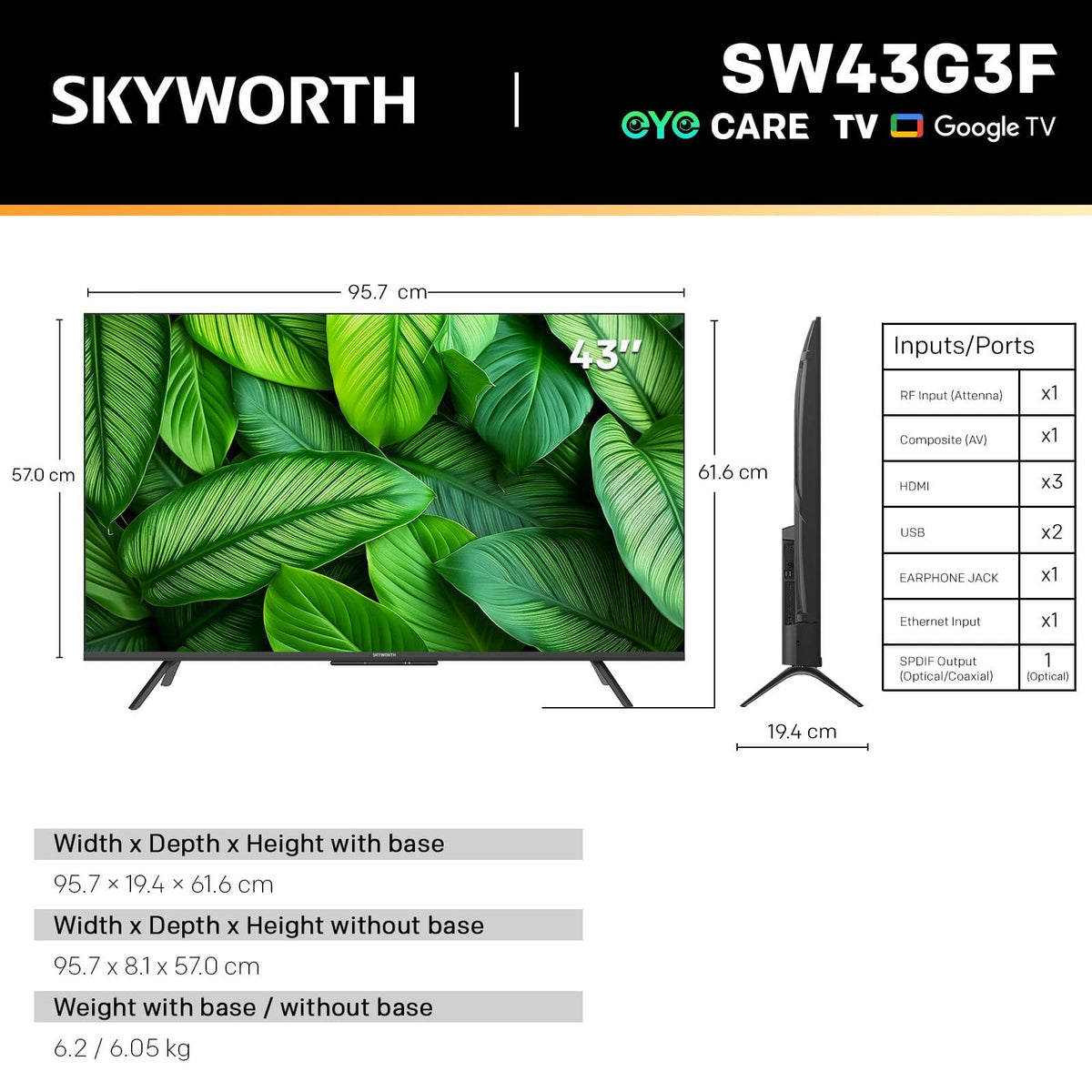 Alona.com.au Appliances > TV > TVs & Accessories SKYWORTH G3F 43" 4K UHD Smart Google TV with HDR 10,Voice Control,Screen Cast,HDMI 2.1,MEMC, AI Engine,Eye Care featrues,Low Blue Light,DBX-tv Audio,Text Scaling,Smart Features,Energy-Saving