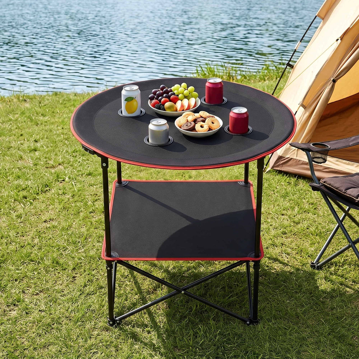 Alona.com.au Outdoor Recreation > Camping > Camp Furniture Weisshorn Folding Camping Table with 4 Cup Holders Metal Oxford 73CM Black