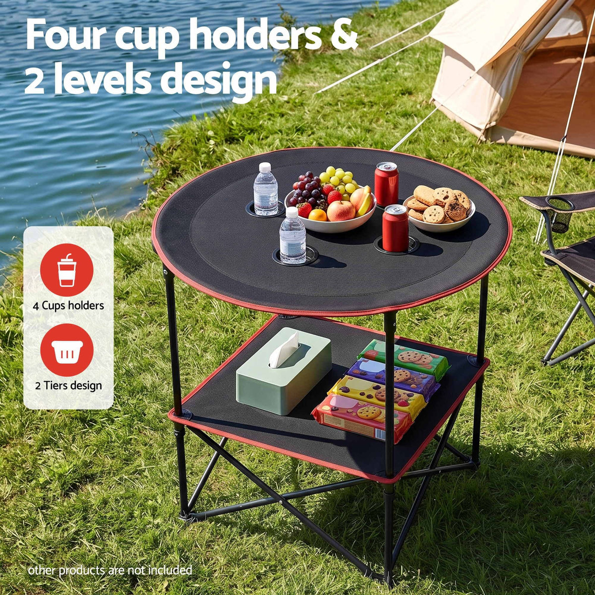 Alona.com.au Outdoor Recreation > Camping > Camp Furniture Weisshorn Folding Camping Table with 4 Cup Holders Metal Oxford 73CM Black