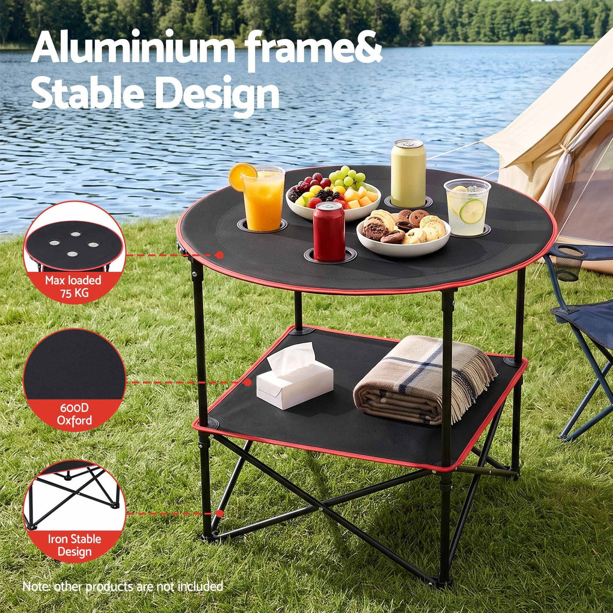Alona.com.au Outdoor Recreation > Camping > Camp Furniture Weisshorn Folding Camping Table with 4 Cup Holders Metal Oxford 73CM Black