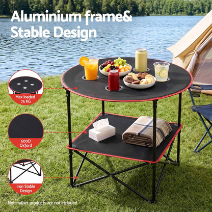 Alona.com.au Outdoor Recreation > Camping > Camp Furniture Weisshorn Folding Camping Table with 4 Cup Holders Metal Oxford 73CM Black