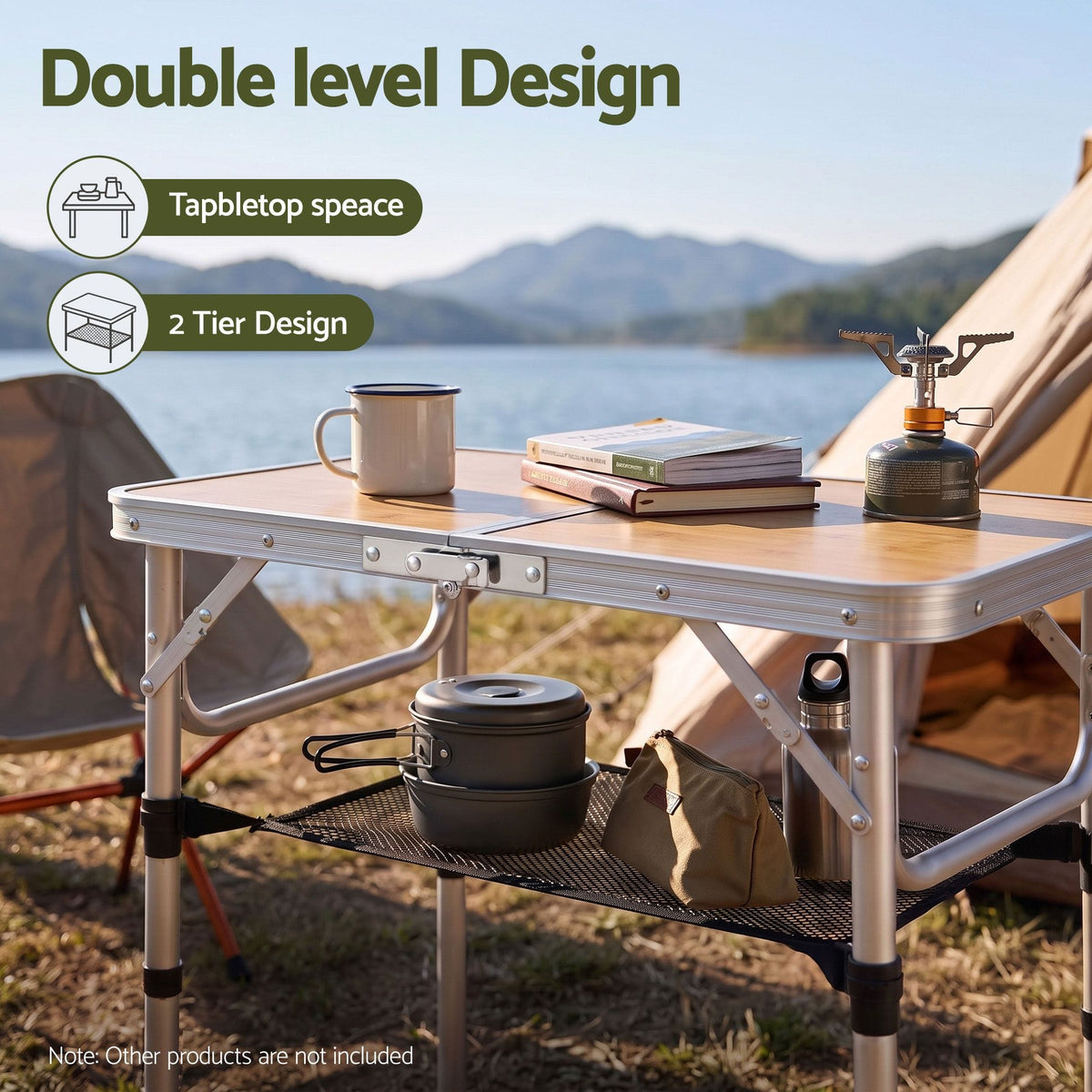 Alona.com.au Outdoor Recreation > Camping > Camp Furniture Weisshorn Folding Camping Table Adjustable Aluminium 60 x 40 cm Wood Grain