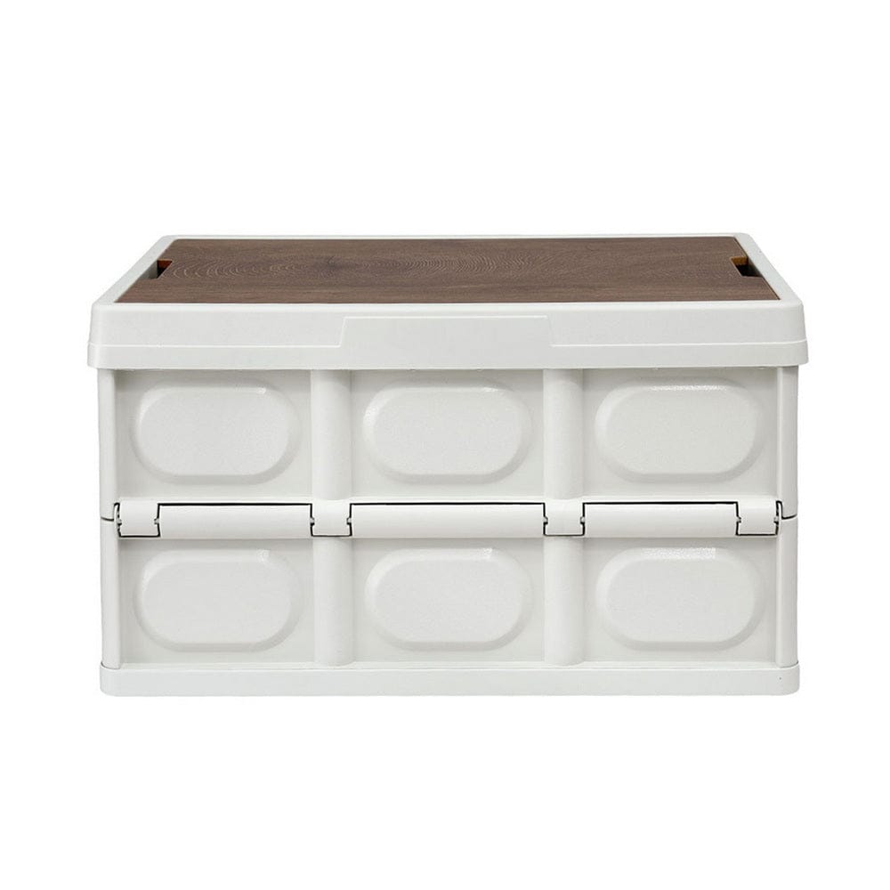 Gardeon Collapsible Outdoor Storage Box 50L Stackable Folding Camping Organizer Plywood Lid Beige