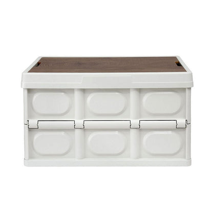 Gardeon Collapsible Outdoor Storage Box 50L Stackable Folding Camping Organizer Plywood Lid Beige