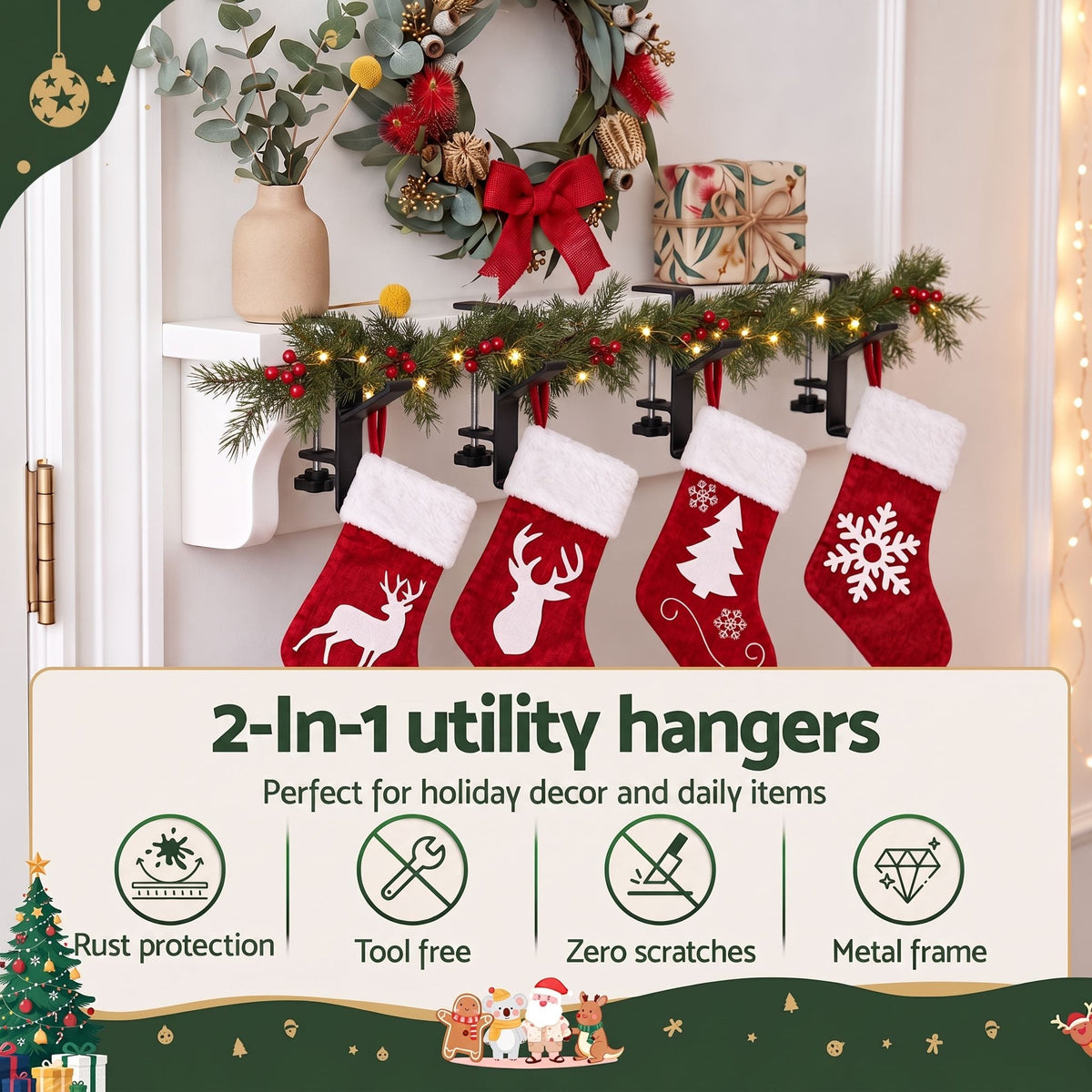 Alona.com.au Occasions > Christmas > Christmas Decorations Jingle Jollys Christmas Stocking Set 4 Velvet Stockings 46.5cm & 4 No-Drill Holders