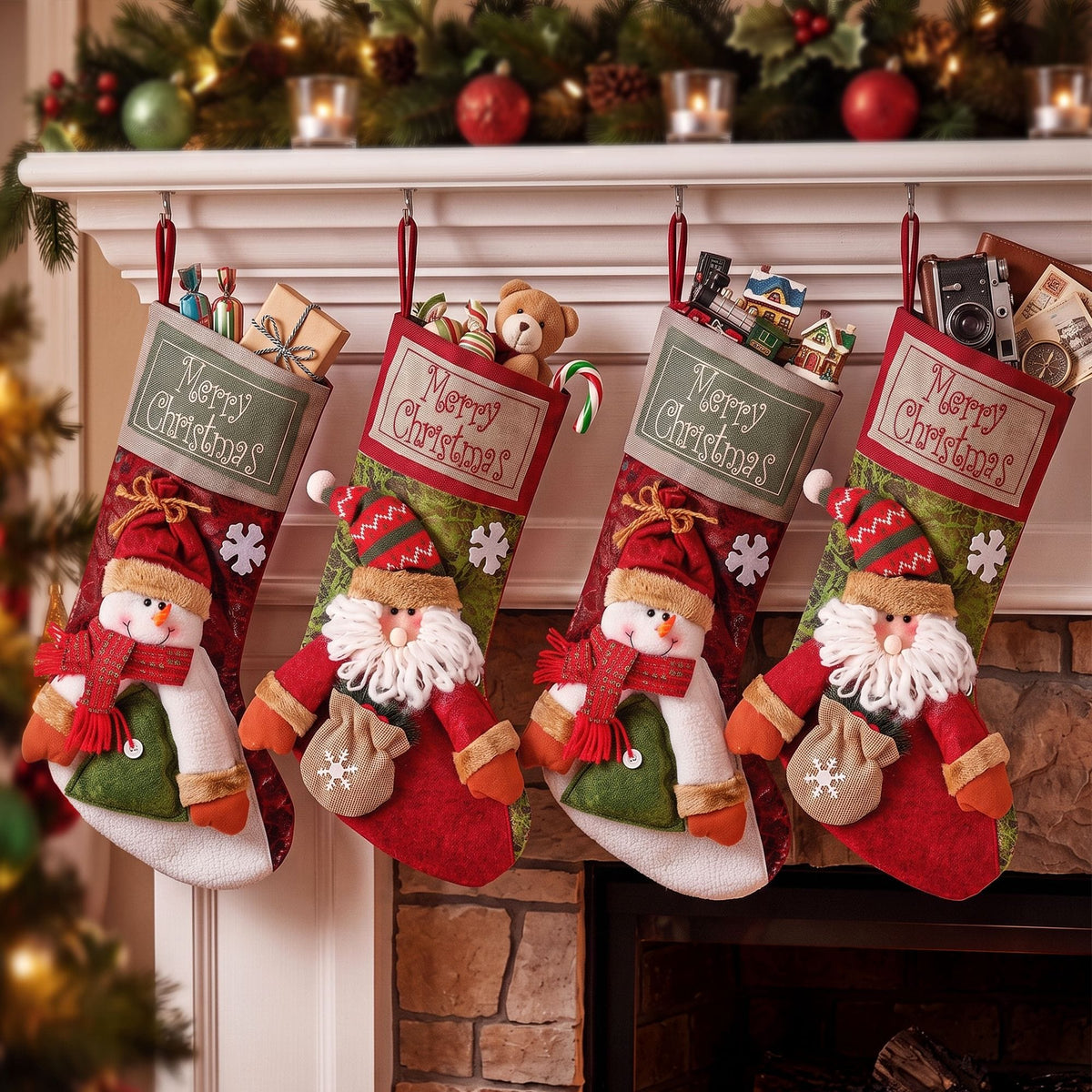 Alona.com.au Occasions > Christmas > Christmas Decorations Jingle Jollys 4PCS Christmas Stockings Large 3D Plush Santa Snowman 43.5cm Christmas Decor for Family Holiday Christmas Party Decorations