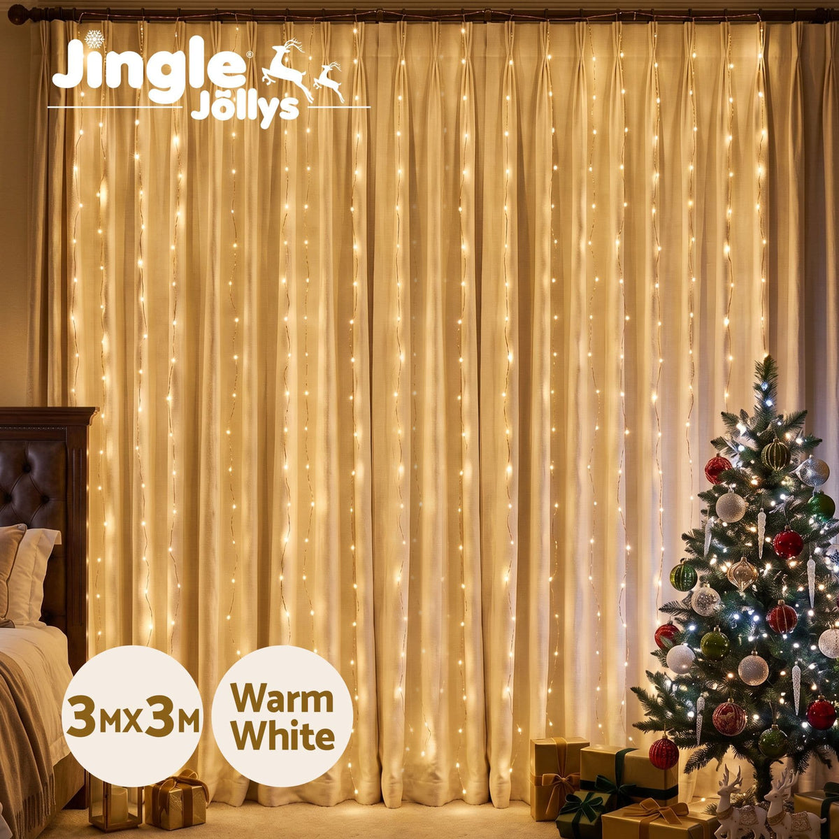Jingle Jollys Occasions > Christmas > Outdoor Decorations & Lights Jingle Jollys 3X3M Christmas Lights Curtain String Light 300 LED Warm White