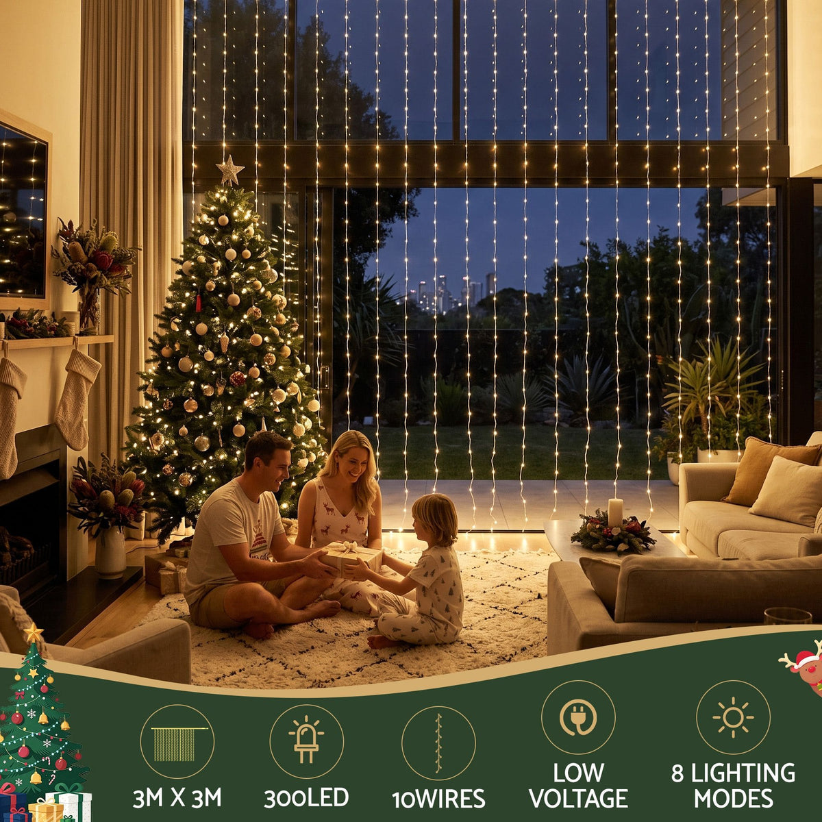 Jingle Jollys Occasions > Christmas > Outdoor Decorations & Lights Jingle Jollys 3X3M Christmas Lights Curtain String Light 300 LED Warm White