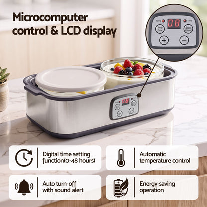 Devanti Greek Yoghurt Maker Machine 2x960ml Large Tubs Temp Control Grey