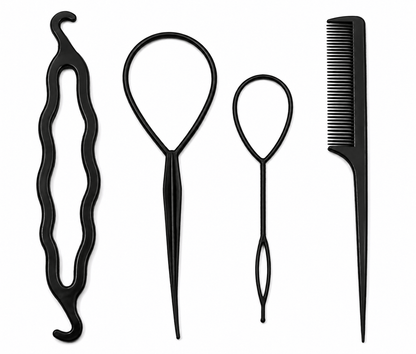 All About Me Black 4pk Hair Styling Updo Tool Set DIY Comb Roller Bun Topsy Tail Braid Maker Loop