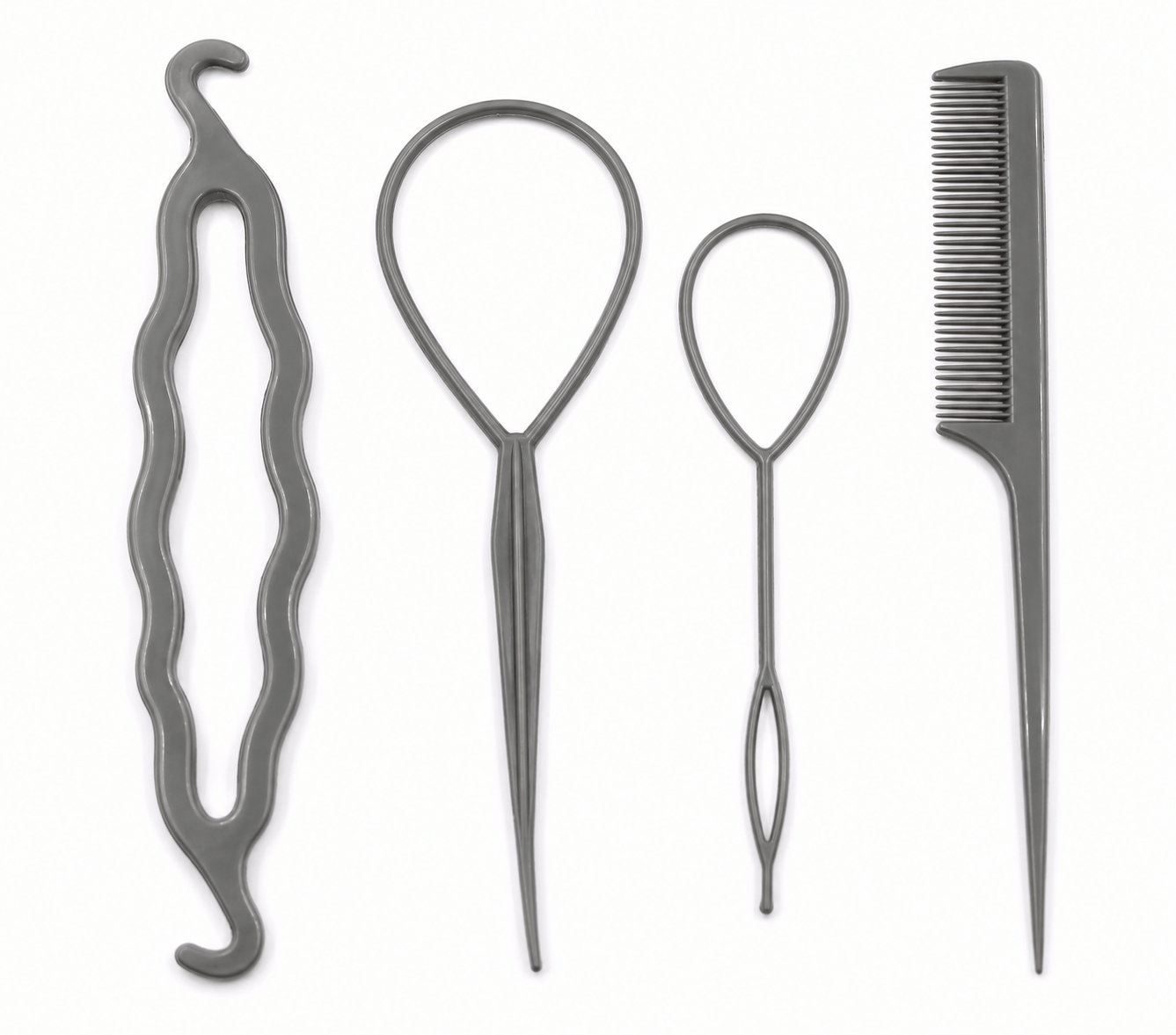All About Me Grey 4pk Hair Styling Updo Tool Set DIY Comb Roller Bun Topsy Tail Braid Maker Loop