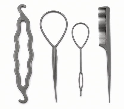 All About Me Grey 4pk Hair Styling Updo Tool Set DIY Comb Roller Bun Topsy Tail Braid Maker Loop