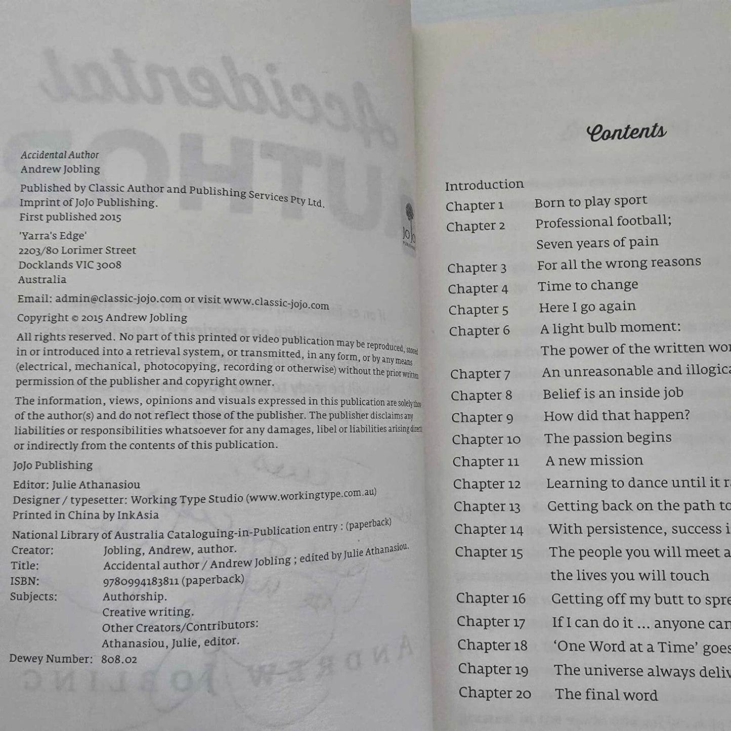 Alona.com.au Accidental Author by Andrew Jobling, Paperback 2015 (with signed dedication)
