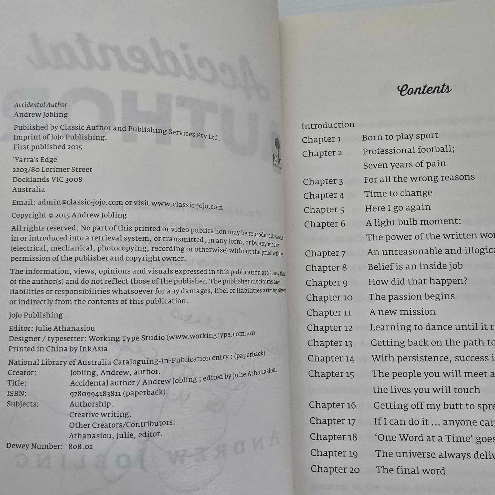 Alona.com.au Accidental Author by Andrew Jobling, Paperback 2015 (with signed dedication)
