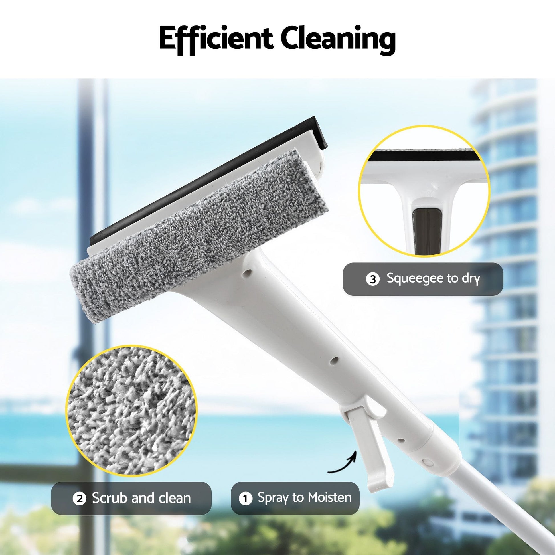 Alona.com.au Adult Products > Lubricants & Care > Cleaning & Care Giantz Window Cleaner Mirror Car, Spray Scrub Squeegee 136cm Extendable Long Handle with Water Tank 3 Microfiber Pads, Glass Scrubber for High Windows Home Car Mirror, White