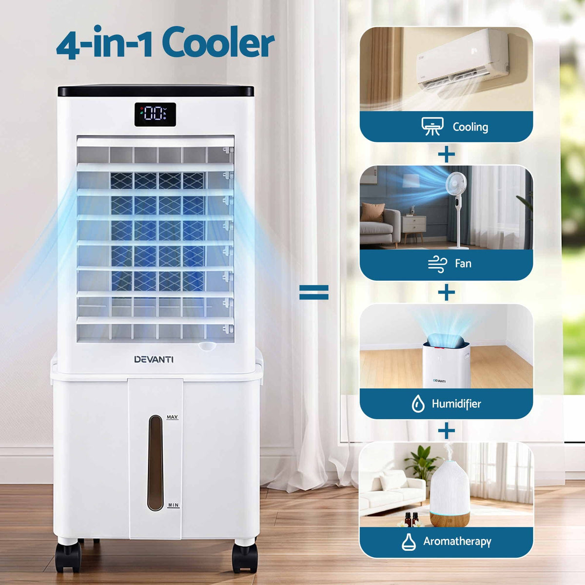 Alona.com.au Appliances > Air Conditioners > Evaporative Coolers Devanti 8L 3-in-1 Evaporative Air Cooler 4 Ice Packs Remote Control 3 Speed