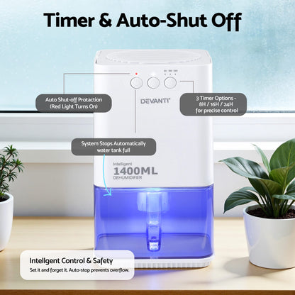 Alona.com.au Appliances > Aroma Diffusers & Humidifiers > Dehumidifiers Devanti 1400ML Portable Dehumidifier Quiet Sleep Mode Timer Auto Off Bedroom White