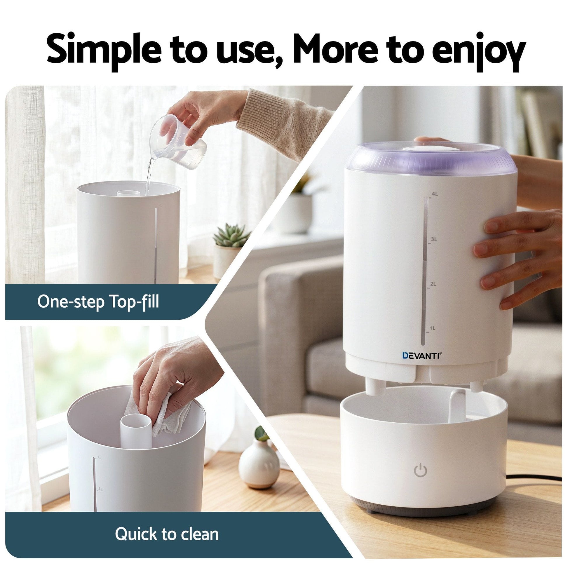 Alona.com.au Appliances > Aroma Diffusers & Humidifiers > Humidifiers Devanti Ultrasonic Humidifier Aroma Diffuser Top Fill Quiet Bedroom 4L White
