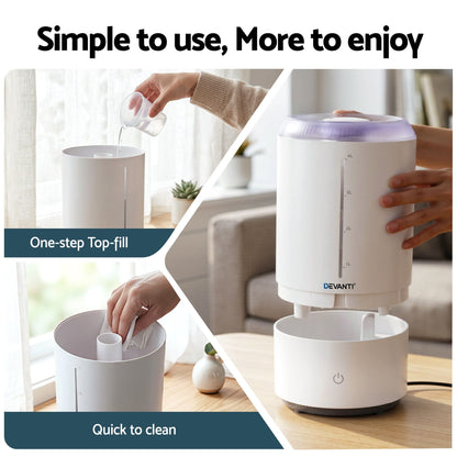 Alona.com.au Appliances > Aroma Diffusers & Humidifiers > Humidifiers Devanti Ultrasonic Humidifier Aroma Diffuser Top Fill Quiet Bedroom 4L White