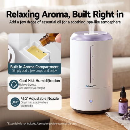 Alona.com.au Appliances > Aroma Diffusers & Humidifiers > Humidifiers Devanti Ultrasonic Humidifier Aroma Diffuser Top Fill Quiet Bedroom 4L White