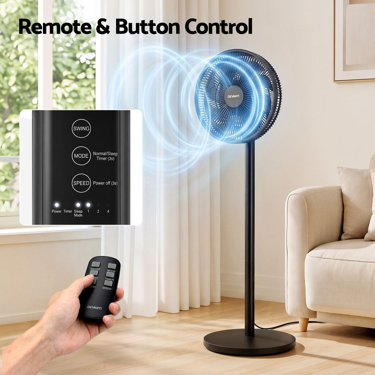 Alona.com.au Appliances > Fans > Portable Fans Devanti Pedestal Fan with Remote, 7 Speeds 3 Heights DC Motor, Black