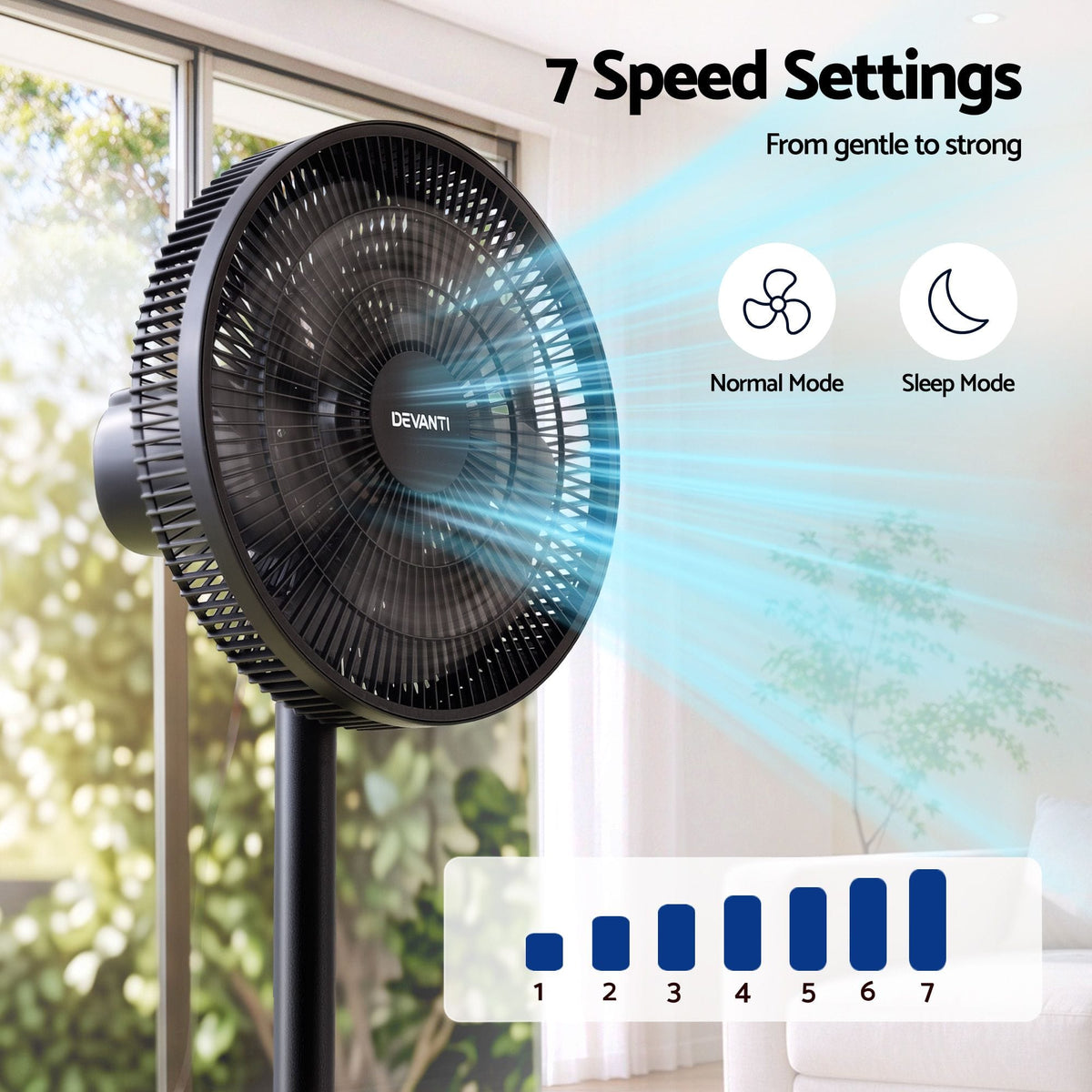 Alona.com.au Appliances > Fans > Portable Fans Devanti Pedestal Fan with Remote, 7 Speeds 3 Heights DC Motor, Black